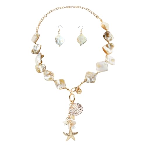 TAXTYHRE 2 Stück Muschel Halskette Ohrringe Set, Natürliche Muschelkette, Seestern Muschel Anhänger Halskette, Sommer Strand Schmuck, Hawaii Beach Accessoires für Damen Mädchen - Weiß von TAXTYHRE