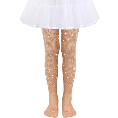 TAXTYHRE Mädchen Netzstrumpfhosen, Mädchen Strass Netzstrümpfe, Mädchen Glitzer Strumpfhosen, für Halloween Rave Party Ballett Tanz Schulpantyhose (Fleischfarbe) von TAXTYHRE