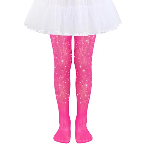TAXTYHRE Mädchen Netzstrumpfhosen, Mädchen Strass Netzstrümpfe, Mädchen Glitzer Strumpfhosen, für Halloween Rave Party Ballett Tanz Schulpantyhose (Rosarot) von TAXTYHRE