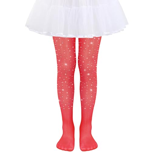 TAXTYHRE Mädchen Netzstrumpfhosen, Mädchen Strass Netzstrümpfe, Mädchen Glitzer Strumpfhosen, für Halloween Rave Party Ballett Tanz Schulpantyhose (Rot) von TAXTYHRE