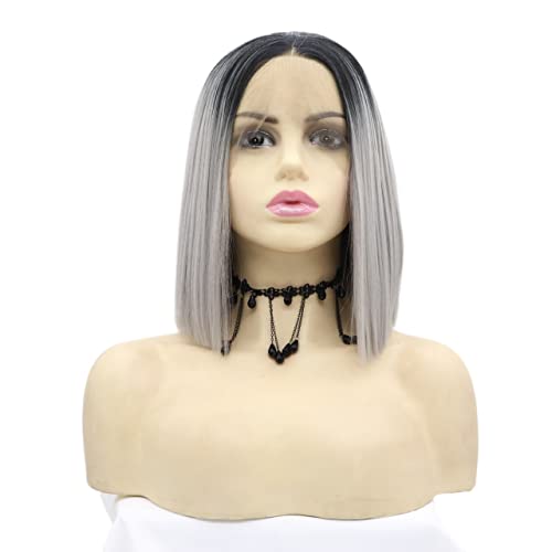 Perücke for Frauen, kurzes glattes Haar, Bob-Perücken for Frauen, Ombre-Grau mit dunklen Wurzeln, Cosplay, synthetische Spitze-Front-Perücke, modisch for Party von TAYGUM