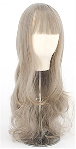 Perücke for Frauen, lange gewellte Perücken mit flachem Pony for Frauen, rosa, lila, Party-Kostüm, Cosplay-Perücken, perfekt for Partys (Color : Light Grey) von TAYGUM