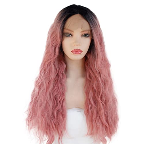 Perücke for Frauen, lange lockige Wellen-Perücken for Frauen, flauschige Ombre-Rosa-Spitzefront-Synthetik-Perücke, Party-Cosplay-Haar, perfekt for Party (Color : Ombre Pink, Size : 26inch) von TAYGUM