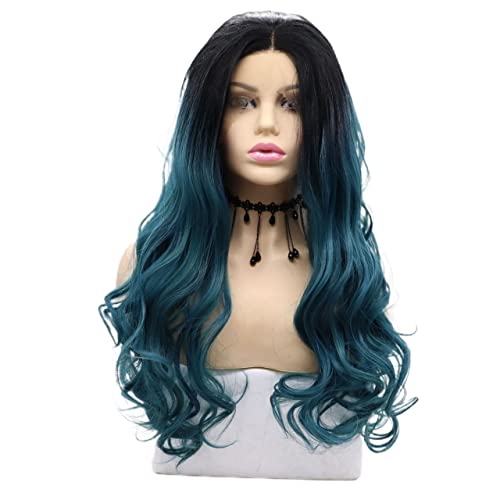 Perücke for Frauen, lange lockige Wellen-Perücken for Frauen, flauschiger Farbverlauf, blau, synthetische Spitze-Front-Perücke, Kostüm, Cosplay, Haarschönheit for Party von TAYGUM