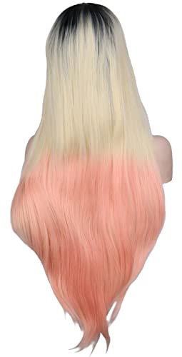 Perücke for Frauen, langes glattes Haar, Perücken for Frauen, Spitze vorne, Ombre-Blond, rosa, synthetische Perücke, Party, Cosplay, Tragen, Schönheit for Party von TAYGUM