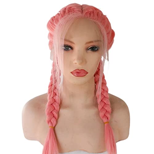 Perücke for Frauen, rosa geflochtene Doppelschwanz-Perücken for Frauen, Spitze vorne mit Babyhaar, Party-Kostüm, Cosplay-Perücke, modisch for den Alltag von TAYGUM