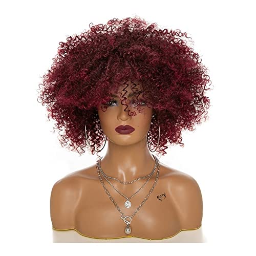 Perücken Haar for Frauen, Afro-Bombe, kurze, verworrene, lockige Perücke mit Pony, natürlich aussehende, hitzebeständige Schönheit for den Alltag (Color : Weinrot) von TAYGUM