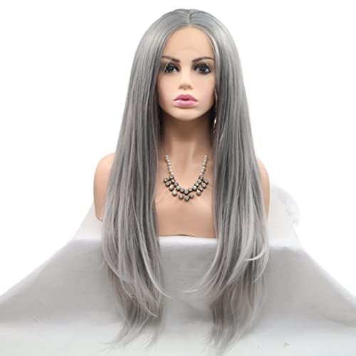 Perücken Haar for Frauen, lange gewellte Bob-Perücken for Frauen, grauer Mittelteil, Haaransatz, synthetische Lace-Front-Perücke, Cosplay-Haar, perfekt for Party von TAYGUM