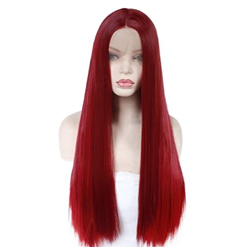 Perücken Haar for Frauen, langes glattes Haar, Perücken for Frauen, synthetische weinrote Perücke mit Spitze vorne, Halloween-Kostüm, Cosplay-Haar, charmant for Party von TAYGUM