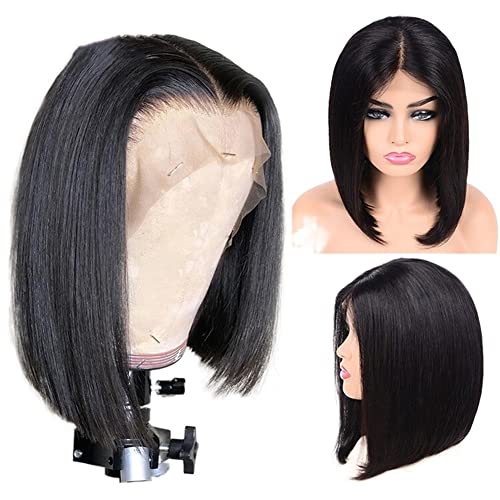 Perücken Haar for Frauen, schwarz, kurzer Bob, glattes Haar, Spitze vorne, Mittelteil, Haaransatz, Perücke, perfekt for den Alltag (Color : Schwarz, Size : 24 Inch) von TAYGUM