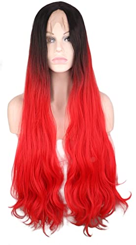 Perücken Haar for Frauen Lange Körper Welle Perücken for Frauen Spitze Vorne Rot Mix Schwarz Synthetische Perücke Halloween Kostüm Cosplay Haar Schönheit for Party von TAYGUM