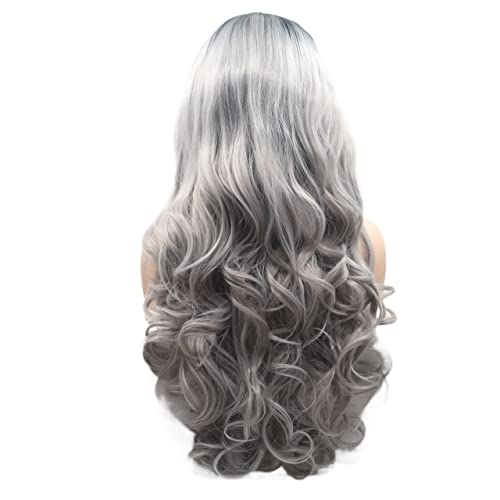 Perücken Haar for Frauen Lange lockige Wellenperücken for Frauen Flauschige Ombre Schwarz Grau Lace Front Synthetische Perücke Party Cosplay Haarschönheit for den Alltag von TAYGUM