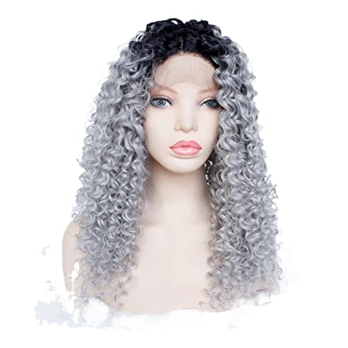 Perücken Haar for Frauen Schulterlange verworrene lockige Perücke for Frauen Grau mit dunklen Wurzeln Spitzenfront Kostüm Cosplay Perücken Perfekt for den Alltag von TAYGUM