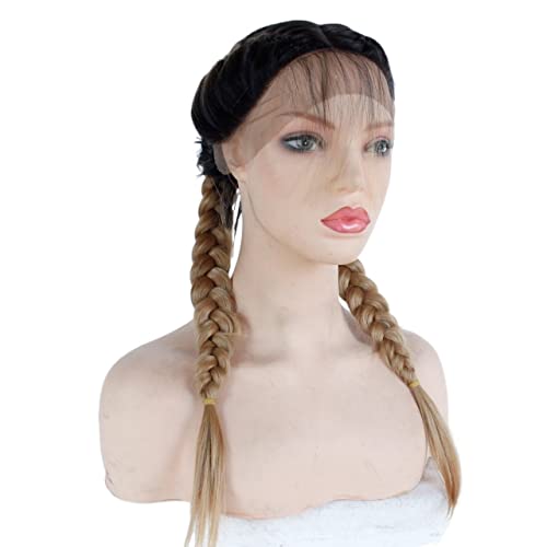 Perücken Haare for Frauen, lange geflochtene Doppelschwanz-Perücke for Frauen, Ombre-Schwarz-Mix-Blondine, Lace-Front-Perücke mit Babyhaar, Cosplay-Kleidung, charmant for den Alltag von TAYGUM