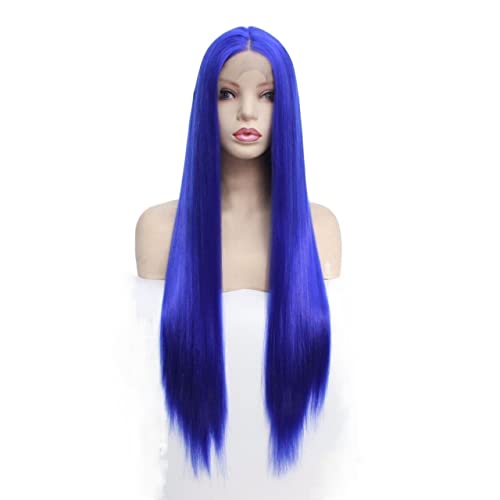 Perücken Haare for Frauen, langes glattes Haar, Perücken for Frauen, Mittelteil, Haaransatz, blau, Kostüm, Cosplay, Spitze vorne, synthetische Perücke, perfekt for Party von TAYGUM