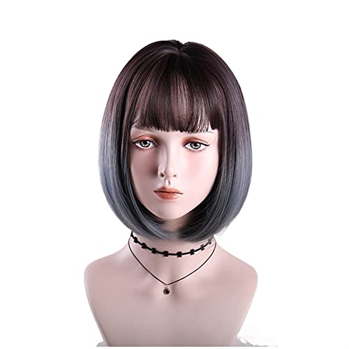 Perücken Haare for Frauen Kurze Bob-Perücken mit Pony for Frauen Braun Mix Grau Synthetik Party Kostüm Cosplay Perücke Perfekt for den Alltag von TAYGUM