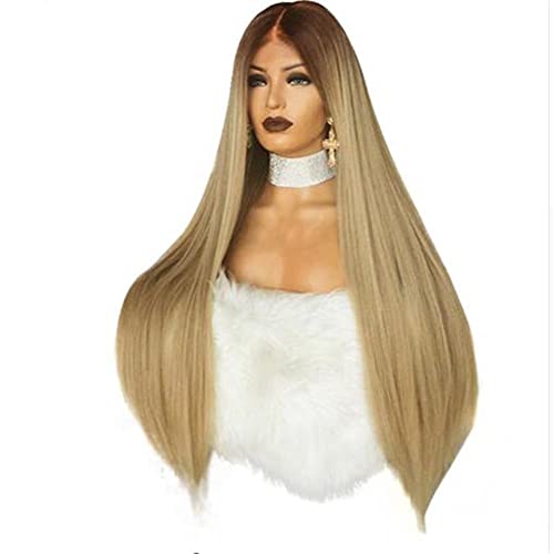 Perücken Haare for Frauen Lange glatte Haare Perücken for Frauen Ombre Blonde mit dunklen Wurzeln Mittelteil Haaransatz Perücke Schönheit for den Alltag (Color : Ombre Blonde, Size : 24 Inches) von TAYGUM