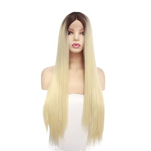 Perücken Haare for Frauen Lange glatte Haare Perücken for Frauen Seidiges Ombre-Blond mit dunklen Wurzeln Synthetische Lace-Front-Perücke Mode for den Alltag von TAYGUM