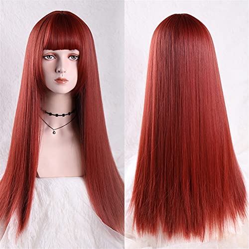 Perücken Haare for Frauen Lange glatte Haare Perücken mit Pony for Frauen Weinrot Party Halloween Kostüm Cosplay Perücke Schönheit for Party von TAYGUM