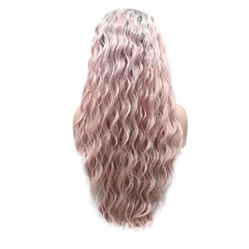 Perücken Haare for Frauen Lange tiefe Wellenperücken for Frauen Flauschiges Ombre Hellrosa mit dunklen Wurzeln Synthetische Lace-Front-Perücke Mode for Party von TAYGUM