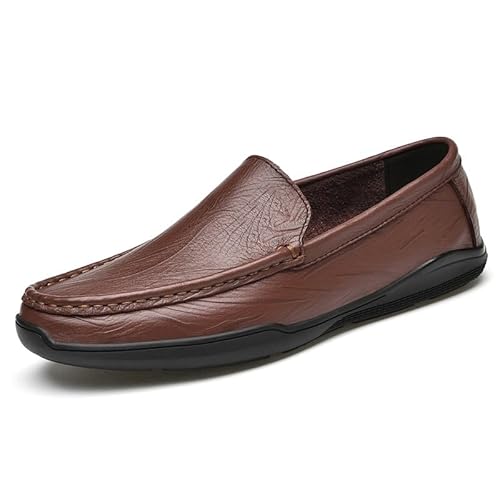 TAYGUM Herren-Loafer, einfarbig, runde Zehenpartie, veganes Leder, Loafer-Schuhe, rutschfest, Flacher Absatz, bequemes Gehen, modische Slip-Ons (Color : Braun, Size : 44 EU) von TAYGUM