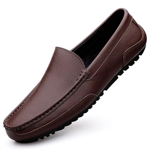 TAYGUM Herren-Loafer-Schuh, runde Zehenpartie, PU-Leder, rutschfest, Flacher Absatz, modischer Slip-On (Color : Braun, Size : 42 EU) von TAYGUM