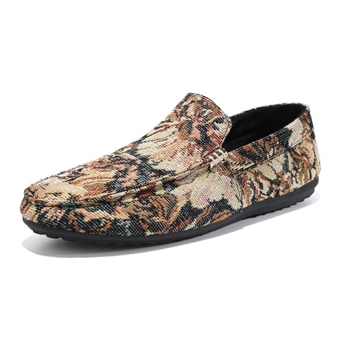 TAYGUM Herren-Loafer-Schuhe, runde Zehen, Stoff, floral geprägte Loafer-Schuhe, bequem, flexibel, Flacher Absatz, for Gehen, Party, Slip-on (Color : Braun, Size : 41 EU) von TAYGUM