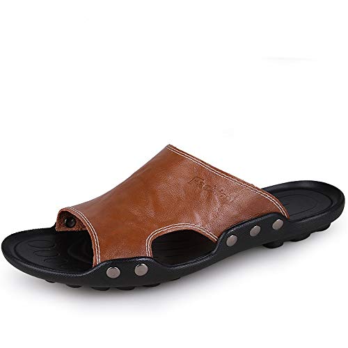 TAYGUM Herren-Slide-Sandalen for Hineinschlüpfen aus echtem Leder, Strandschuhe, rutschfeste Outdoor-Slipper-Schuhe(Color:Braun,Size:42 EU) von TAYGUM