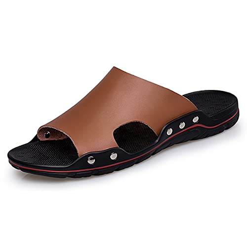 TAYGUM Herren-Slide-Sandalen mit offenem Zehenbereich, Outdoor-Strand, fester Riemen, wasserabweisende Leder-Sommer-Slipper-Schuhe (Color : Braun, Size : 42 EU) von TAYGUM