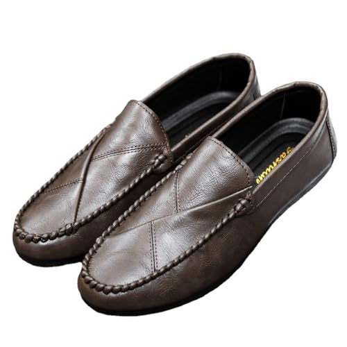 TAYGUM Herren-Slipper, runde Zehenpartie, einfarbig, Kunstleder-Loafer, rutschfest, bequem, Flacher Absatz, klassischer Walking-Slipper (Color : Braun, Size : 40 EU) von TAYGUM