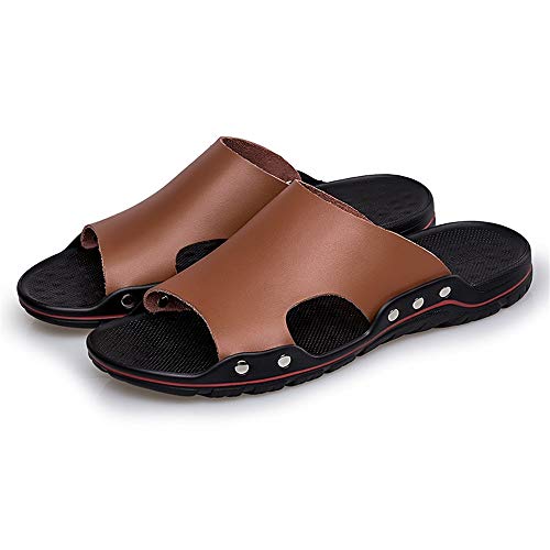 TAYGUM Herren-Slipper-Sandalen mit offenem Zehenbereich, Outdoor-Strand, fester Riemen, Leder, rutschfeste, lässige Slide-Sandale (Color : Braun, Size : 39 EU) von TAYGUM