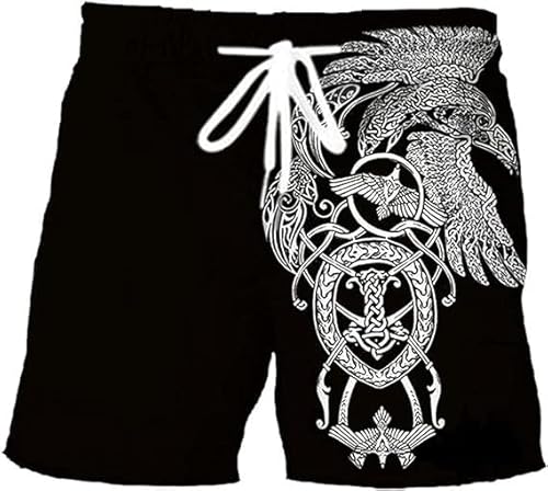 TAYGUM Nordic Viking Sportshorts Mit Taschen, Rabenmuster, Strandsport-Shorts, Vintage-Turnhose, Leichte Übungsshorts(Color:1,Size:L) von TAYGUM