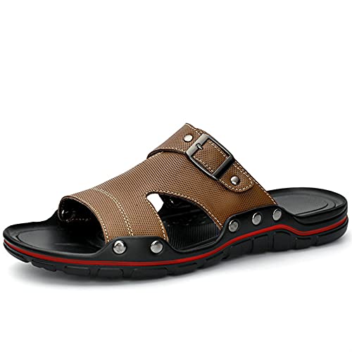 TAYGUM Slide-Sandalen for Herren, offene Zehenpartie, fester Riemen, Nietenverstärkung, Leder, rutschfeste Outdoor-Slipper-Schuhe (Color : Light Brown, Size : 40 EU) von TAYGUM