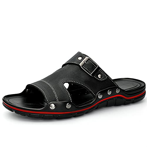 TAYGUM Slide-Sandalen for Herren, offene Zehenpartie, fester Riemen, Nietenverstärkung, Leder, rutschfeste Outdoor-Slipper-Schuhe (Color : Schwarz, Size : 38 EU) von TAYGUM