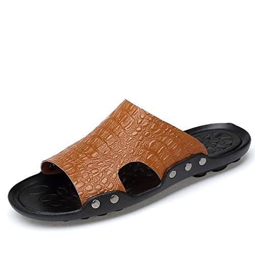 TAYGUM Slide-Sandalen for Herren, solide Nieten, Verschluss, Krokodildruck, Leder, rutschfest, lässig, Slide-Sandale (Color : Braun, Size : 41 EU) von TAYGUM