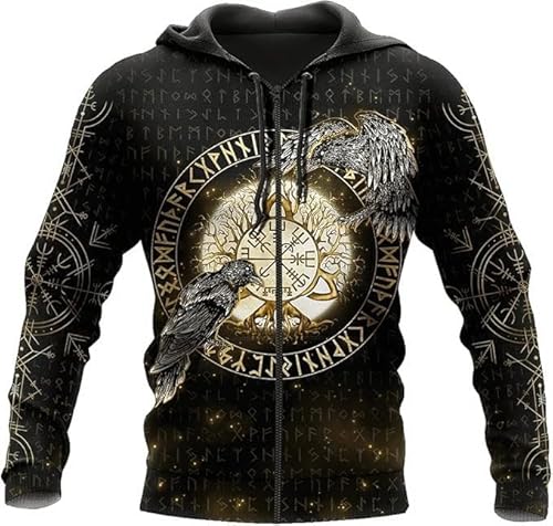 TAYGUM Wikinger-Hoodie 3D-Druck Nordische Mythologie Odin Krähe/Der Hammer Von Thor Hoodie Frühling Herbst Pullover Für Herren Und Damen Party Cosplay Kostüm(Krähe Zipper,2XL) von TAYGUM