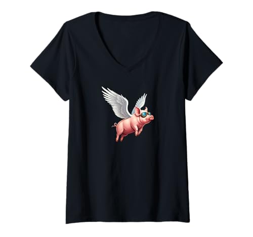 Damen Schwein fliegt mit Flügeln T-Shirt mit V-Ausschnitt Damen Schwein fliegt mit Flügeln T-Shirt mit V-Ausschnitt von TAYLORMADE DESIGNS FOR THE WILD