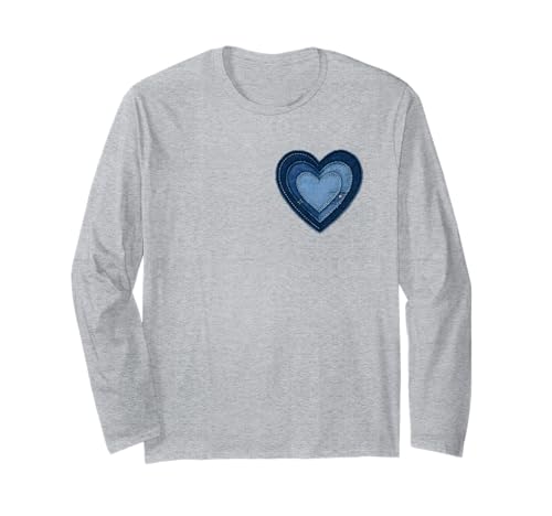 Damen Denim Patchwork Herz Grafik Langarmshirt von TAYMELL
