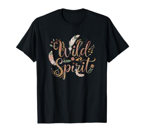 Damen Wild Spirit Boho Feder Floral Typografie T-Shirt von TAYMELL
