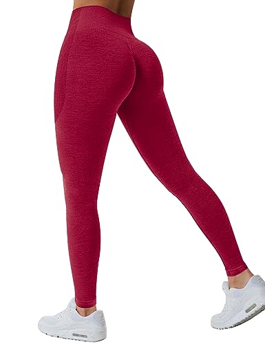 TAYOEA Damen Push up Sporthose Scrunch Butt Leggings High Waist Seamless Yogahose Fitness Nahtlos Gym Leggings Blickdicht, Rot,M von TAYOEA