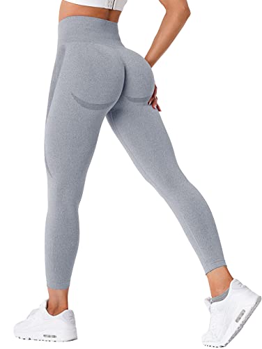 TAYOEA Damen Sport Leggings Blickdicht Yogahose Nahtlos Lange Leggings Slim Fit Fitnesshose Lächeln Kontur Push up Sporthosen Hohe Taille Yoga Lange Leggings ​Übung Fitness Joggen Hellgrau,L von TAYOEA