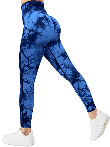 TAYOEA Damen Tie Dye Scrunch Leggings Yoga Lange Leggings Slim Fit Fitnesshose Sporthosen Blickdicht Sport Yogahose Nahtlos Push up Leggings Hohe Taille Übung Fitness Joggen, Tie Dye Blau,S von TAYOEA