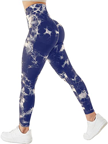 TAYOEA Damen Tie Dye Scrunch Leggings Yoga Lange Leggings Slim Fit Fitnesshose Sporthosen Blickdicht Sport Yogahose Nahtlos Push up Leggings Hohe Taille Übung Fitness Joggen, Tie Dye Dunkelblau,S von TAYOEA