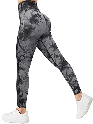 TAYOEA Damen Tie Dye Scrunch Leggings Yoga Lange Leggings Slim Fit Fitnesshose Sporthosen Blickdicht Sport Yogahose Nahtlos Push up Leggings Hohe Taille Übung Fitness Joggen, Tie Dye Schwarzgrau,L von TAYOEA