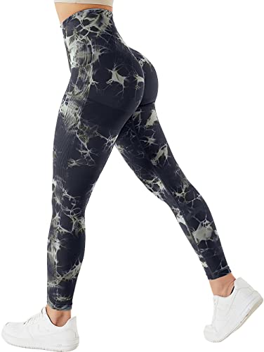 TAYOEA Damen Tie Dye Scrunch Leggings Yoga Lange Leggings Slim Fit Fitnesshose Sporthosen Blickdicht Sport Yogahose Nahtlos Push up Leggings Hohe Taille Übung Fitness Joggen, Tie Dye Schwarz,S von TAYOEA