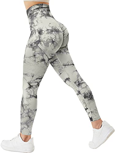 TAYOEA Damen Tie Dye Scrunch Leggings Yoga Lange Leggings Slim Fit Fitnesshose Sporthosen Blickdicht Sport Yogahose Nahtlos Push up Leggings Hohe Taille Übung Fitness Joggen, Tie Dye Weiß Grau,S von TAYOEA