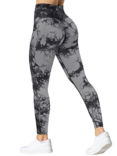 TAYOEA Damen Tie Dye Sport Leggings Gym Workout Blickdicht Push Up Leggings Seamless Fitnesshose Hohe Taille Sporthose Tie Dye Schwarzgrau,M von TAYOEA