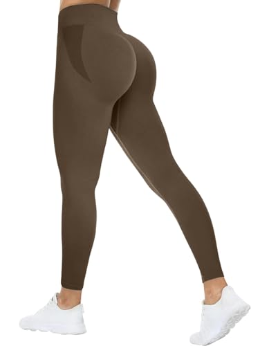 TAYOEA Scrunch Butt Leggings Hoch Taille Workout Legging Blickdicht Kompressions Push up Leggins Lang Seamless Sporthose Fitnesshose Yogahose Dunkelbraun,M von TAYOEA
