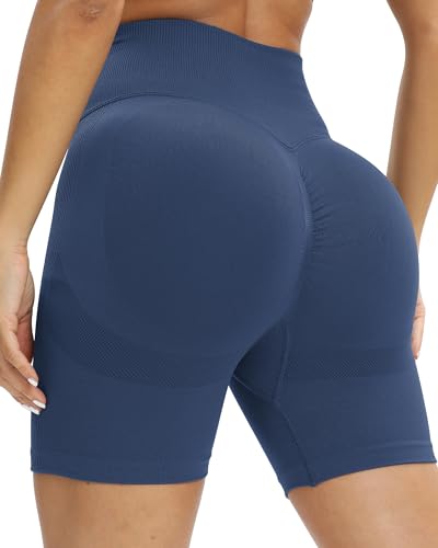 TAYOEA Sport Shorts Damen Gym Scrunch Butt Kurze Sporthose Push Up Boom Booty Lifting Kurze Leggings Seamless High Waist Workout Shorts Damen Sommer Blau,L von TAYOEA