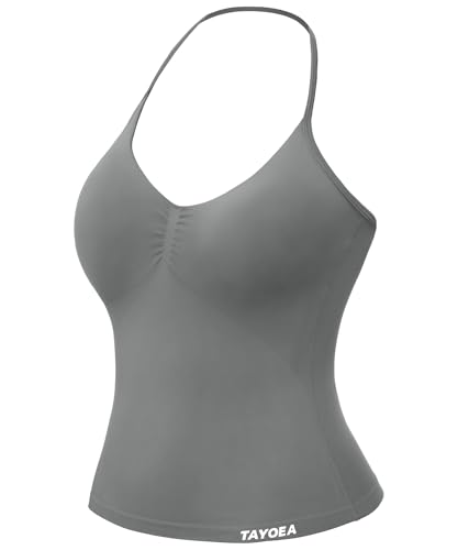 TAYOEA Tank Top Damen Bauchfreies Oberteil mit V-Ausschnitt Rückenfreies Crop Top mit Integriertem Pads Damen für Yoga Gym Grau,M von TAYOEA